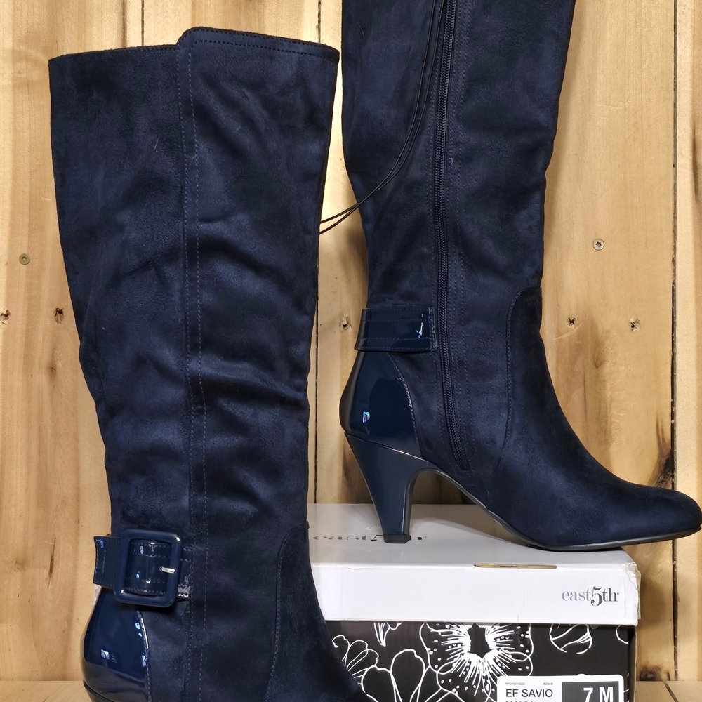 GORGEOUS Sapphire Blue Knee-high Chic Dress Boots Womens 7 M EF Savio Heels NEW